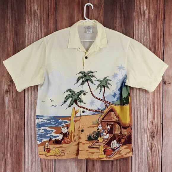 Rare Disney Cruise Line Mens Large Mickey Surfing Palm Tree Hawaiian Camp Shirt - Picture 2 of 16